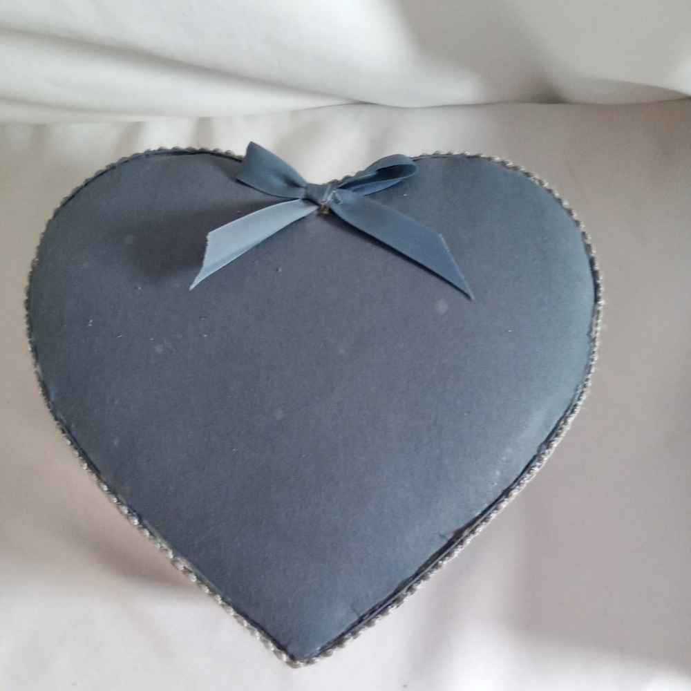 Vintage Style Blue Fabric Heart Shaped Keepsake Box with Silver Trim and Bow